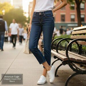 American Eagle Artist Crop Jeans Size 6 Low Rise Double Button Blue Denim